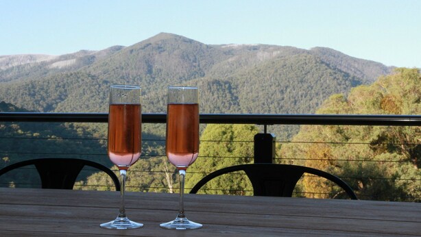 Dos copas de vino tinto sobre una mesa de madera, con vistas a una montaña al fondo.