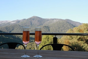 Dues copes de vi vermell sobre una taula de fusta, amb una vista a la muntanya de fons.