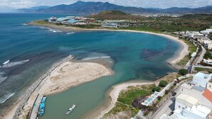 Vista aérea de una zona costera con playa, barcos y edificios.