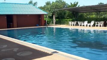 Outdoor pool, pool umbrellas, pool loungers