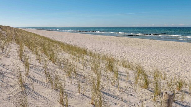 Une plage de sable avec des dunes et une jetée en bois qui s’avance dans l’eau.