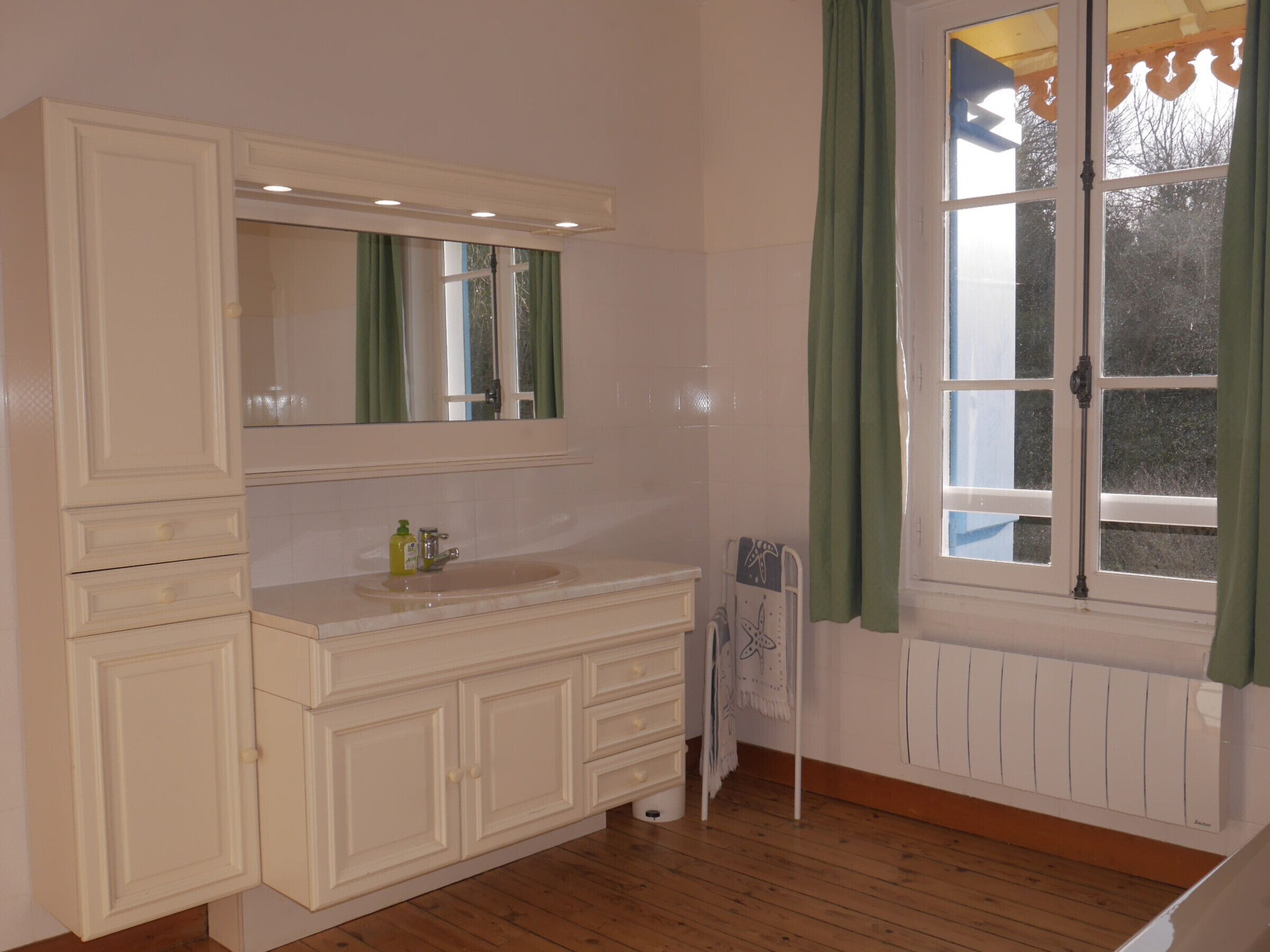A bathroom with a white vanity, a mirror, a sink, and a window with green curtains.