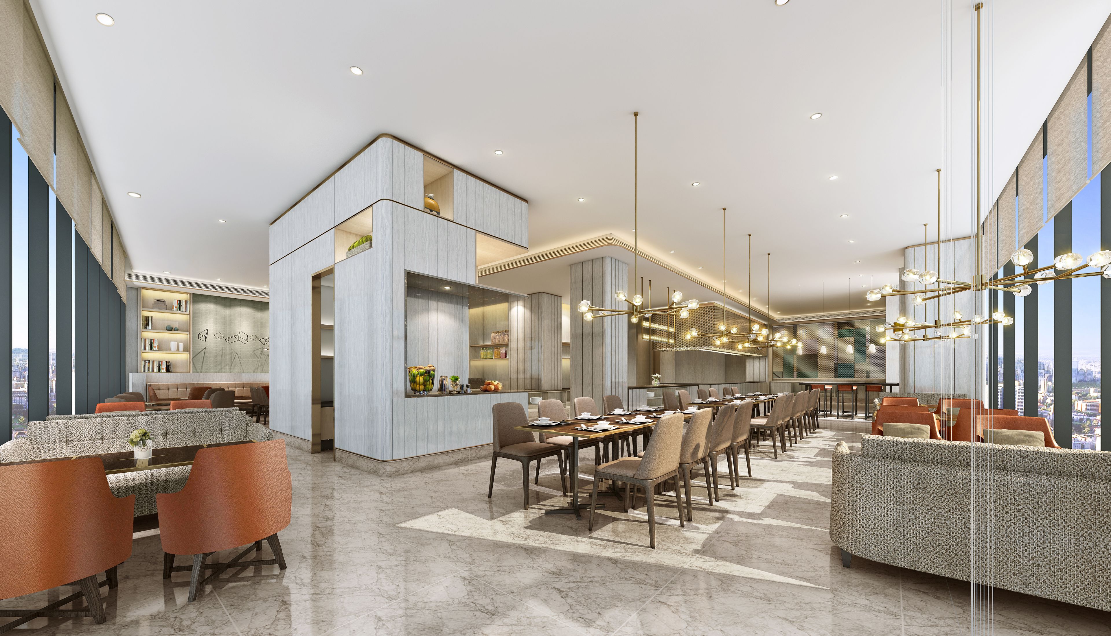 A modern hotel lobby with a dining area, seating arrangements, and a view of the city.