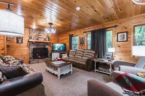 Smart TV, fireplace, DVD player, books