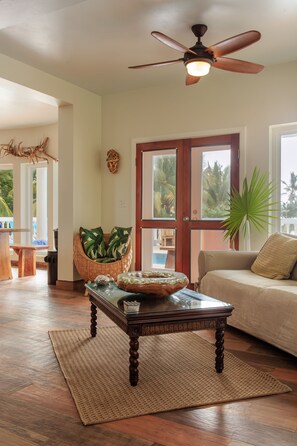 Smart TV, fireplace, DVD player, books