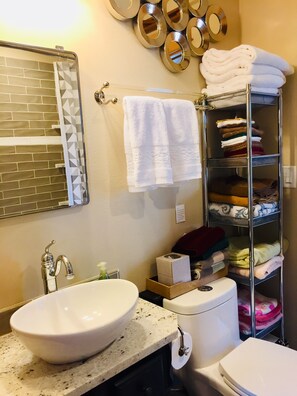 Combined shower/bathtub, hair dryer, towels, soap