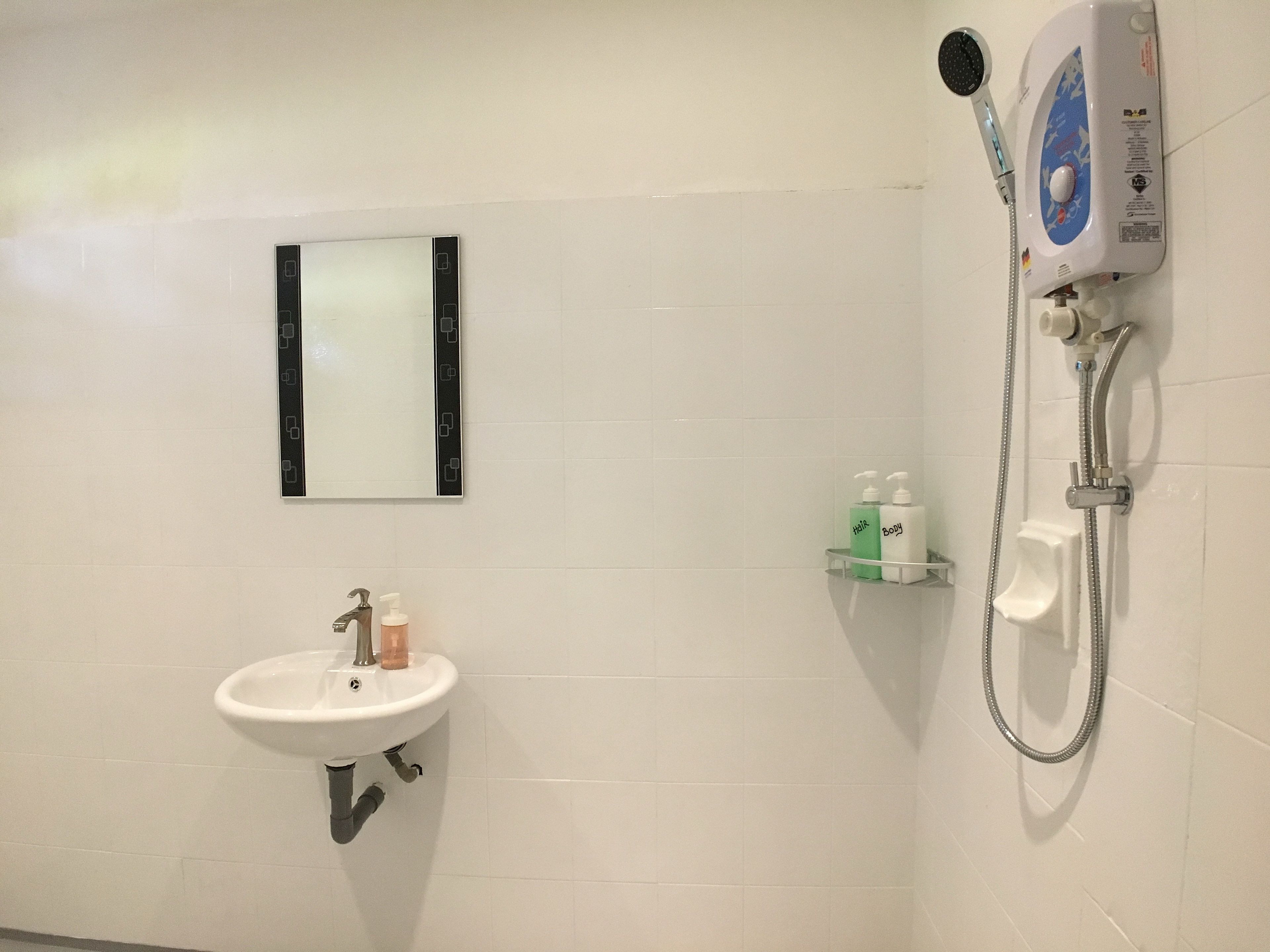 Ein Badezimmer mit weißem Waschbecken, einem Spiegel und einer Dusche inklusive Handbrause.