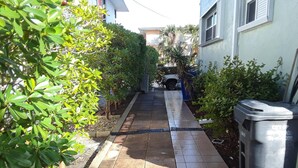 Un estrecho sendero pavimentado bordeado por una vegetación verde densa y un vehículo estacionado.
