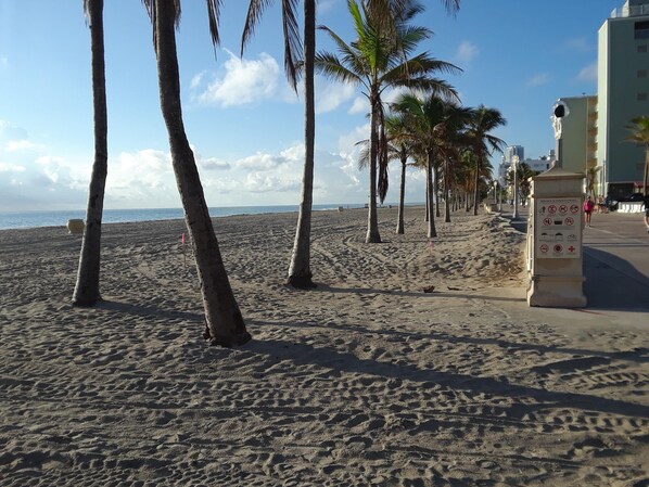 On the beach, sun-loungers, beach towels