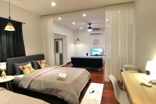 1 bedroom, desk, blackout curtains, iron/ironing board