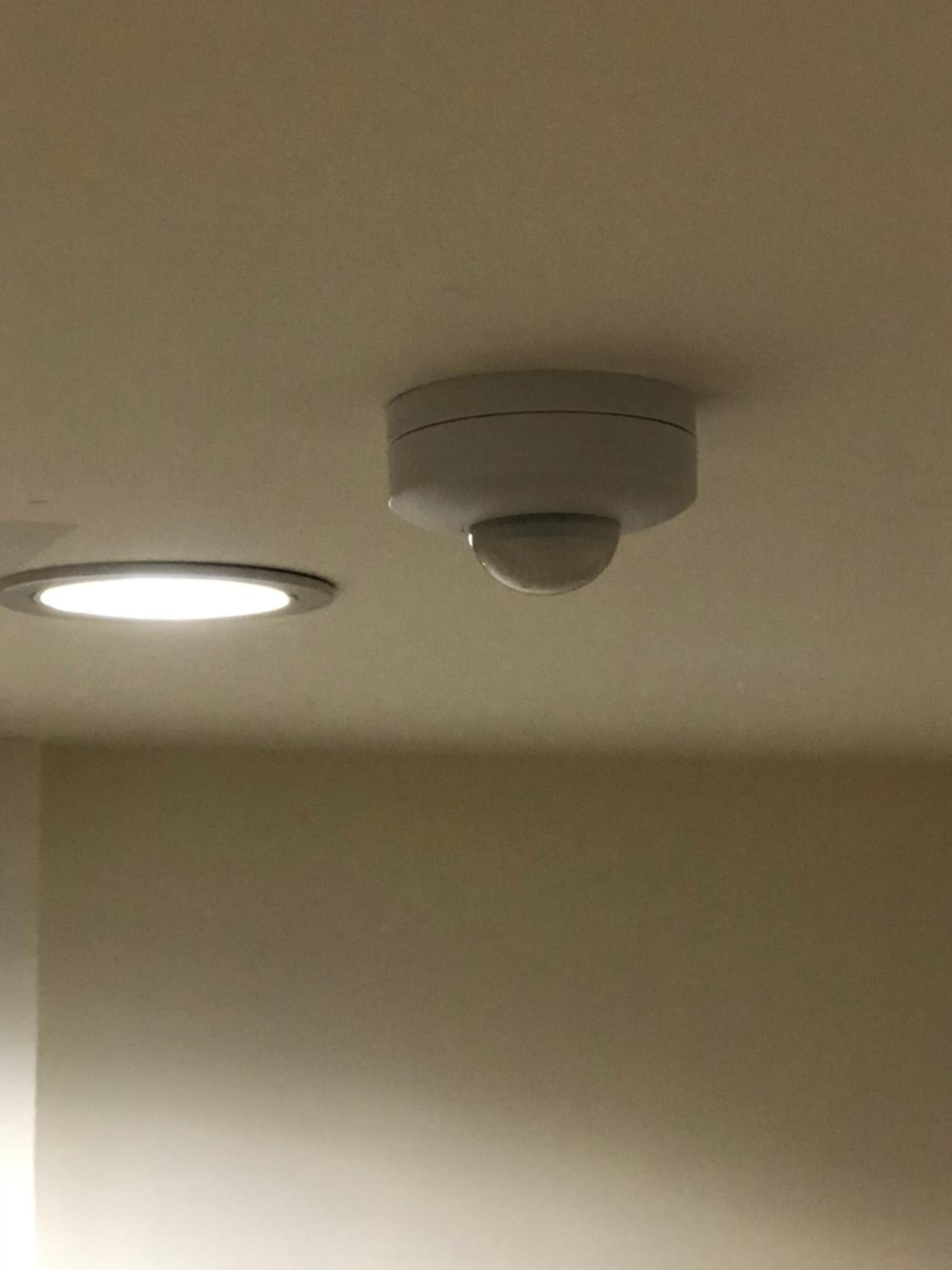 Un plafond doté de deux spots encastrés et d’un détecteur de fumée.