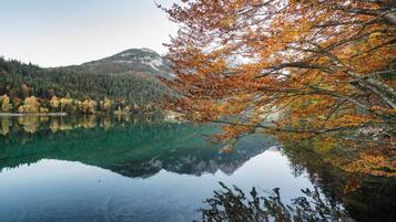 A calm lake with clear reflections of trees and mountains.