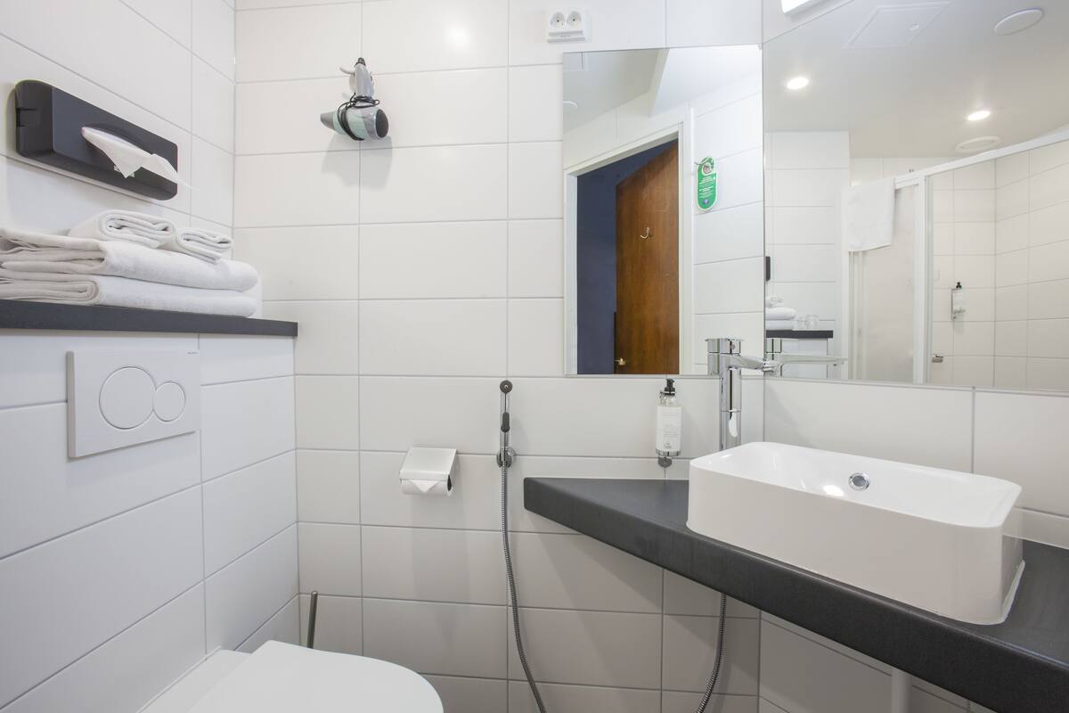business twin room | bathroom | shower, free toiletries, hair dryer, towels