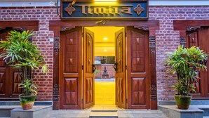 A building entrance with a sign reading "Timna," featuring two large wooden doors and potted plants on either side.