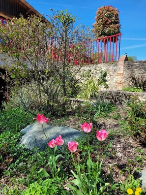 Stunning garden area with vibrant flowers and lush greenery, surrounded by a charming fence and adjacent to a historic building.