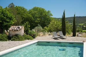 Seasonal outdoor pool, pool loungers