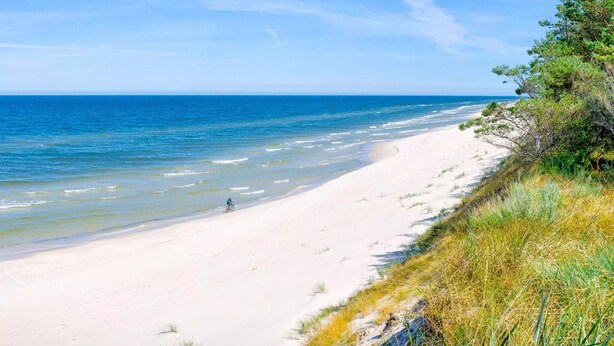A beach with clear skies and a person riding a bicycle along the shore.