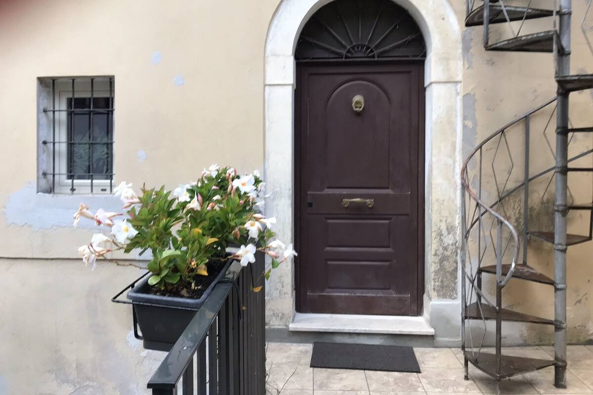 A brown door with a brass knocker, a black metal railing, and a window with bars.