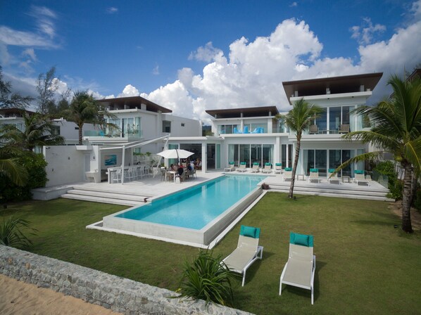 Outdoor pool, pool umbrellas, pool loungers