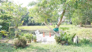 A garden with a wooden deck, potted plants, and a bench. - Go Green Resort (Chumphon)