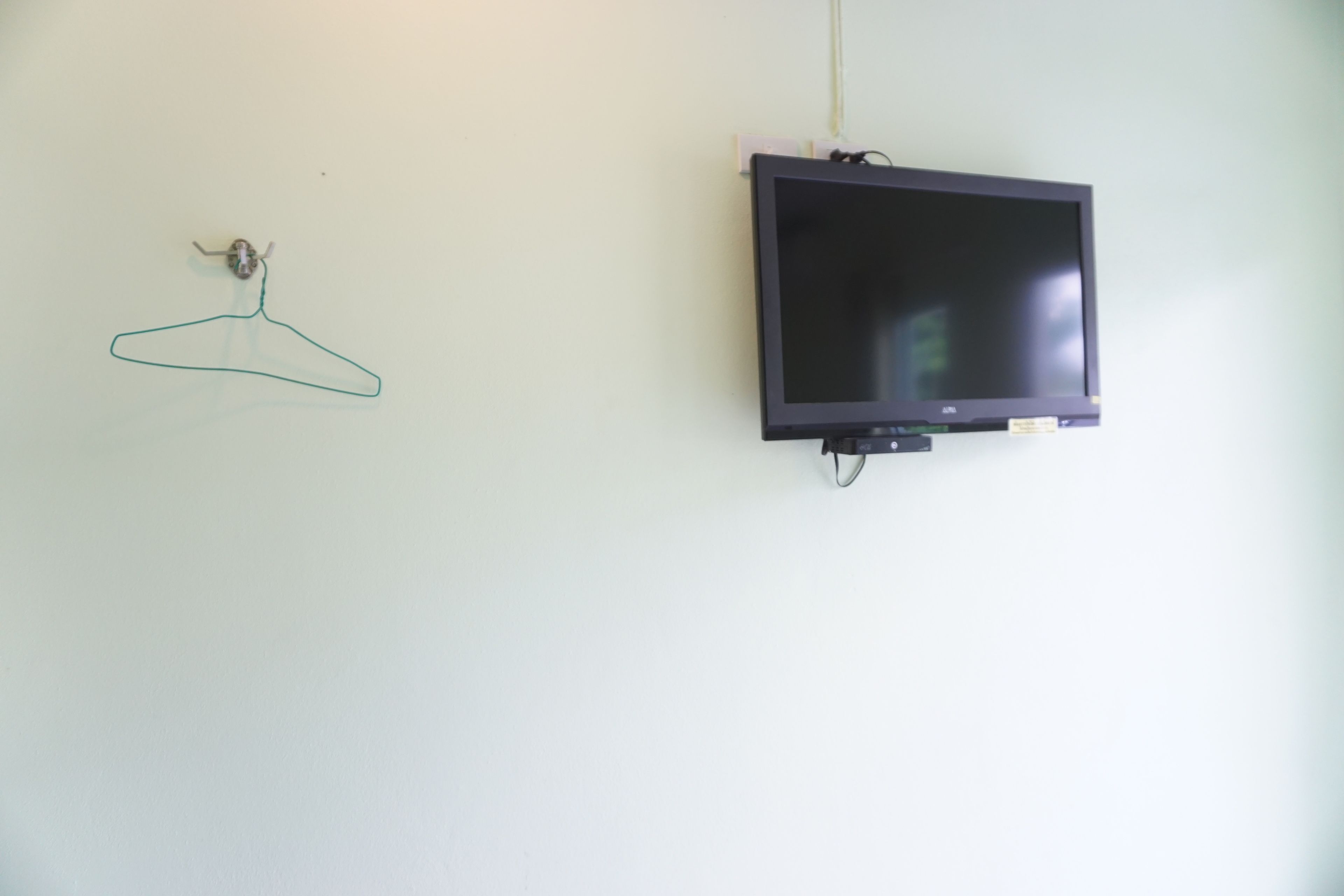 A wall-mounted television and a coat hanger.