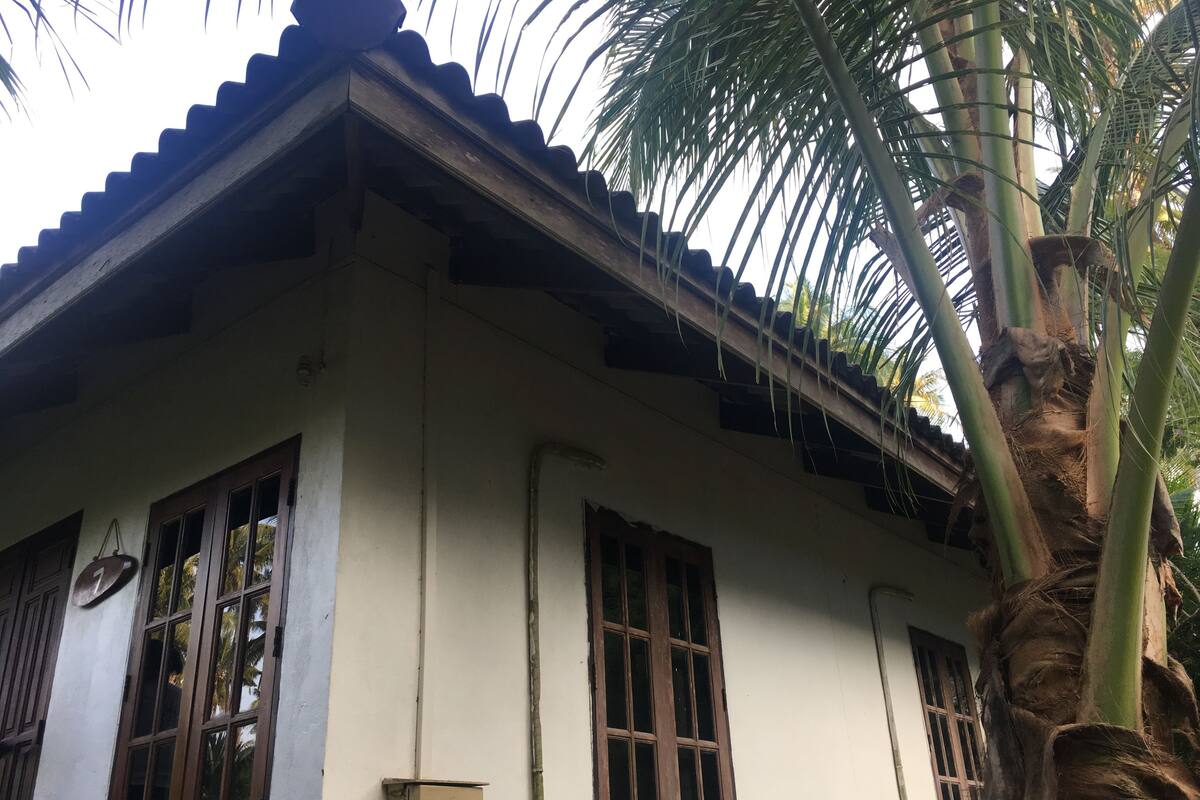 Un edificio con fachada blanca, múltiples ventanas con marcos de madera y tejado de tejas.