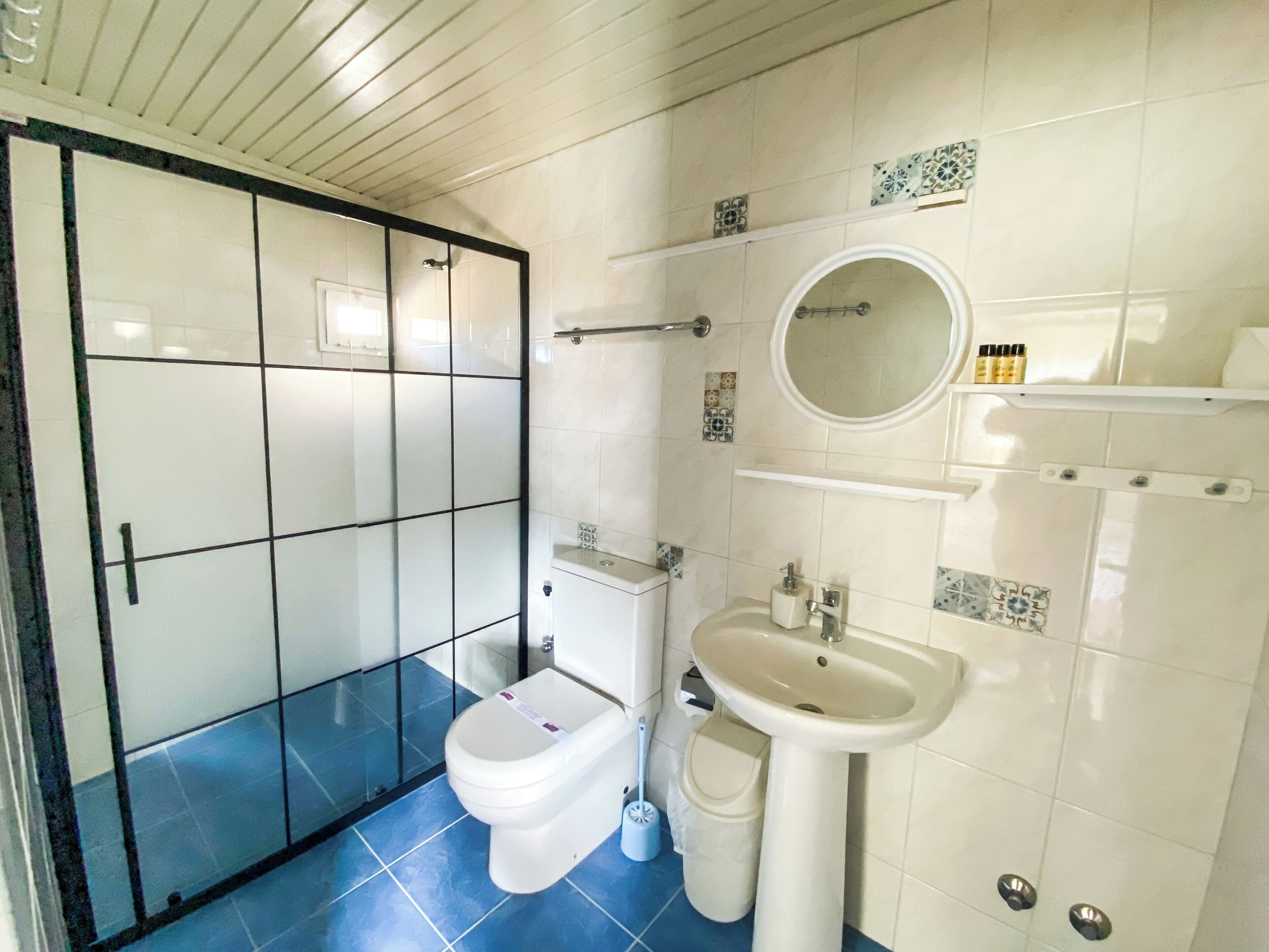 A bathroom with a toilet, sink, and shower.