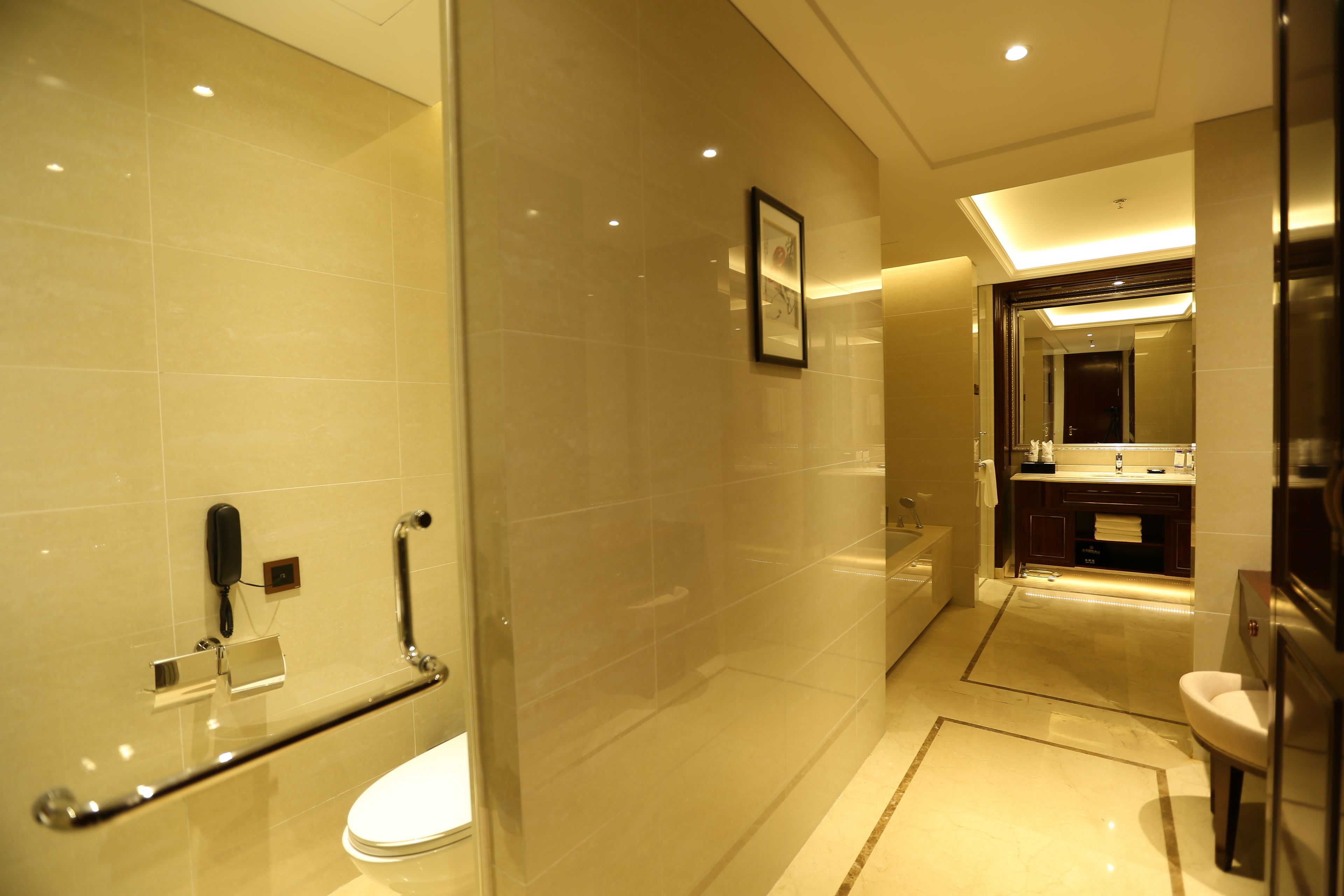 Ein modernes Badezimmer mit Glasabtrennung, Handläufe, Toilette, Waschbecken und Spiegel.