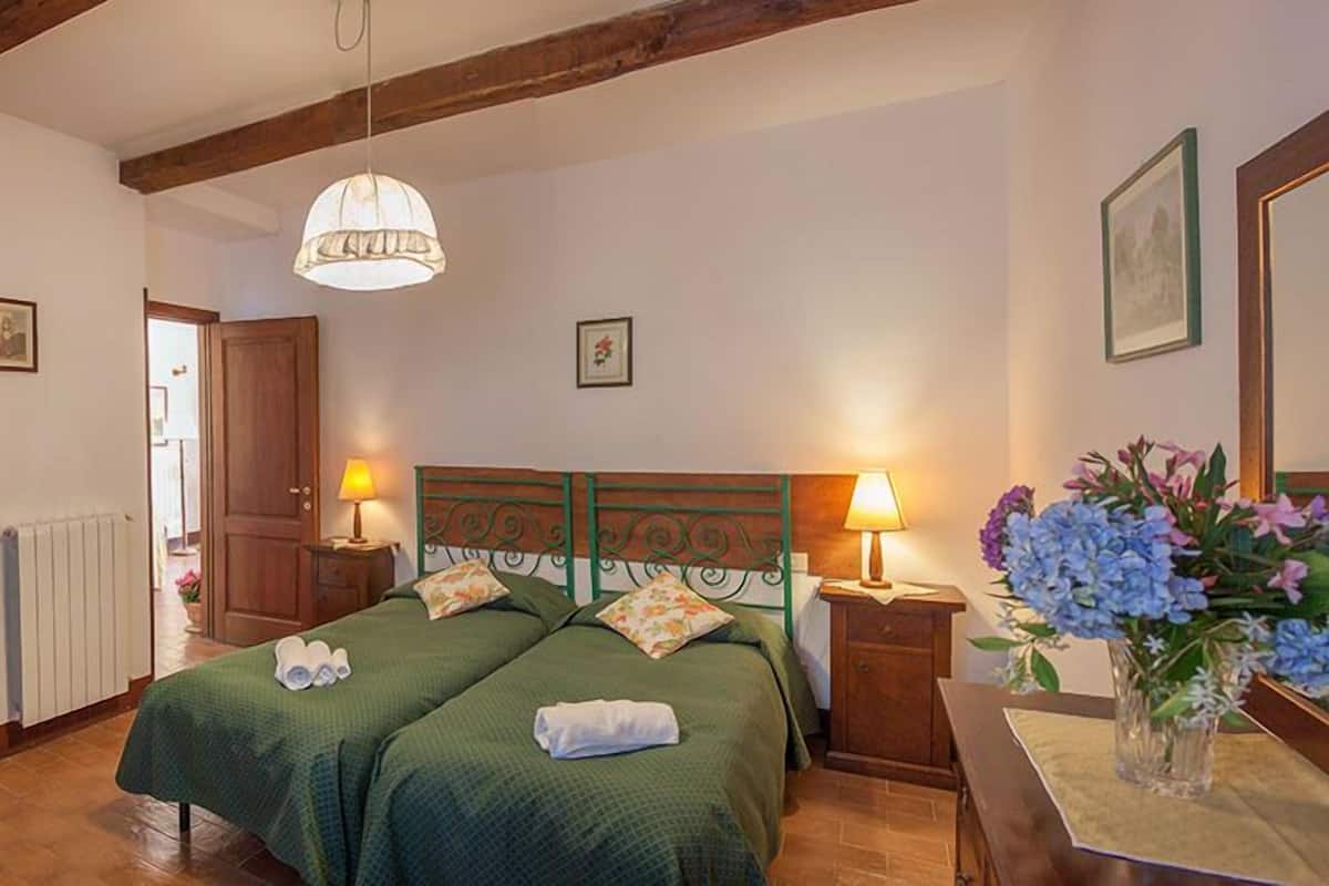 A bedroom with two beds, wooden headboards, a wooden chair, a radiator, a wooden door, and a vase with flowers.