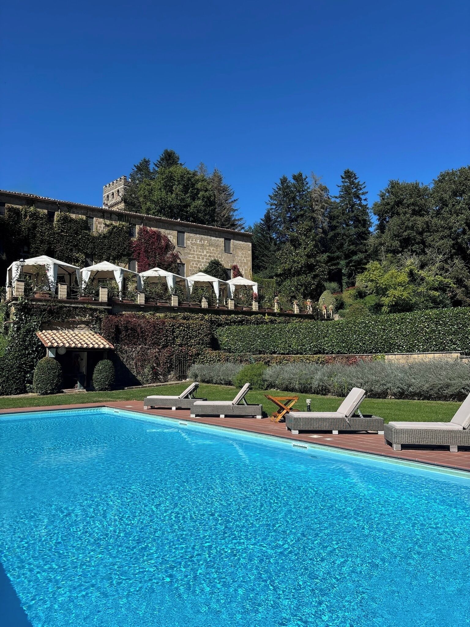 Seasonal outdoor pool, pool umbrellas, pool loungers