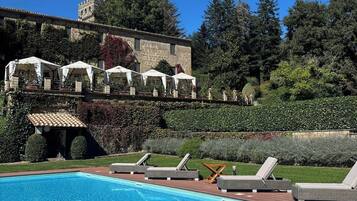 Seasonal outdoor pool, pool umbrellas, pool loungers