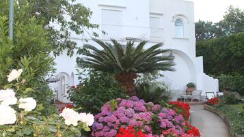 A white building with a balcony, surrounded by lush greenery and various flowering plants.