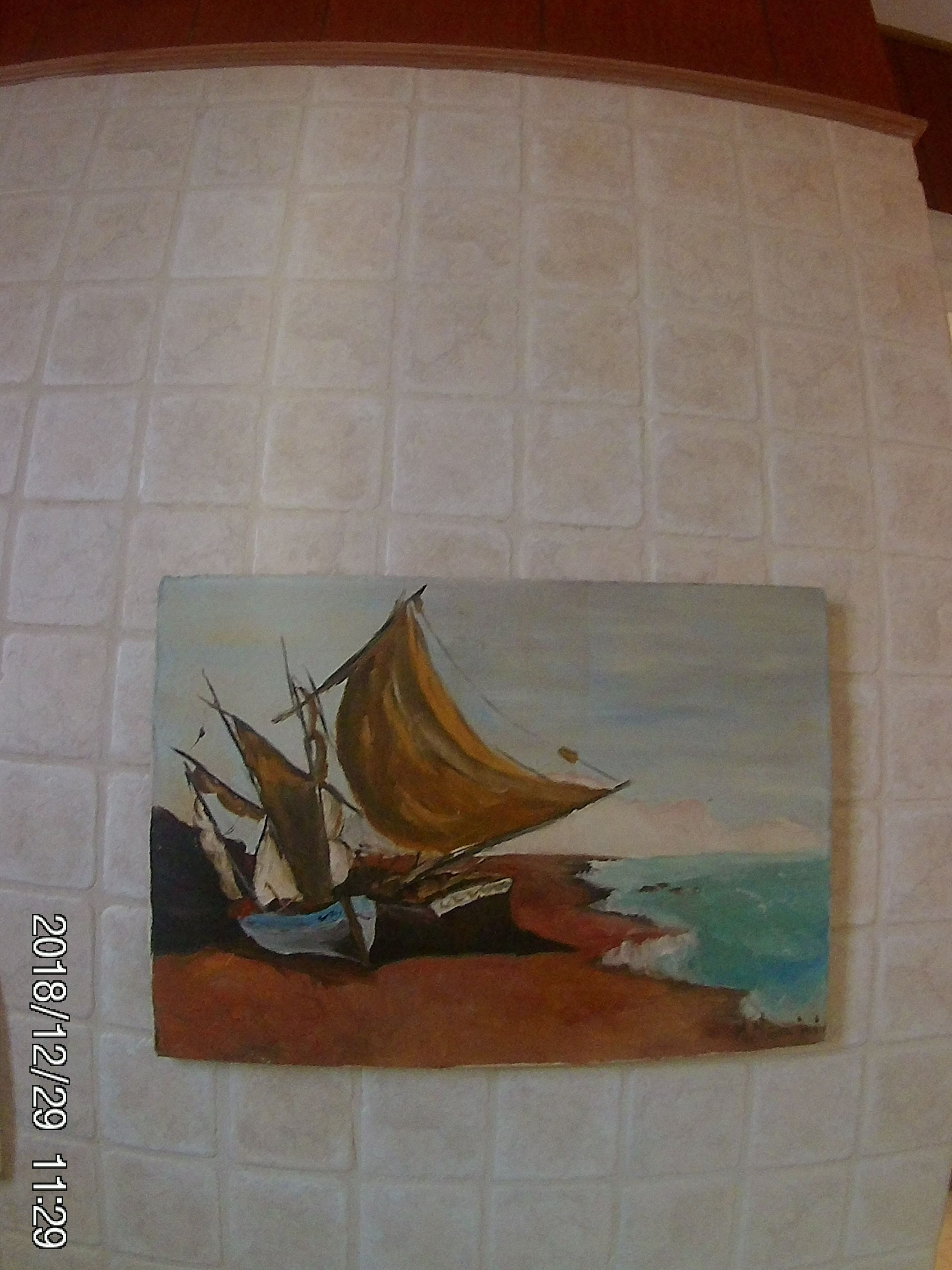 Una pintura de un velero en la playa.