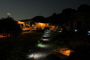 Una escena nocturna de una casa con un sendero iluminado que lleva a ella, rodeada de árboles y vegetación.