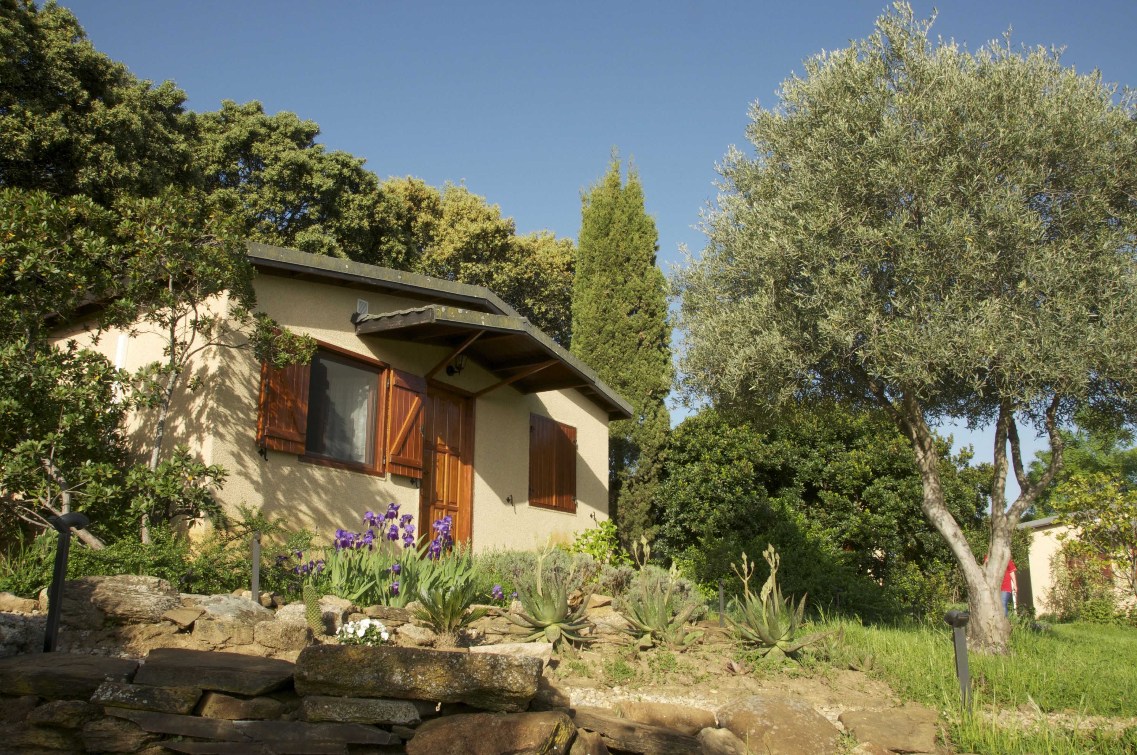 A house with a stone foundation, wooden shutters, and a garden with various plants and a tree.