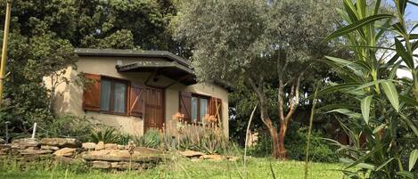 A house with a sloped roof, surrounded by a garden with various plants and a stone wall.