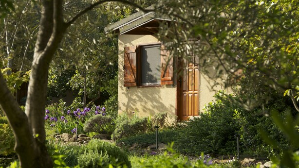 A small, rustic cabin with a wooden door and window shutters, surrounded by lush greenery and flowering plants.