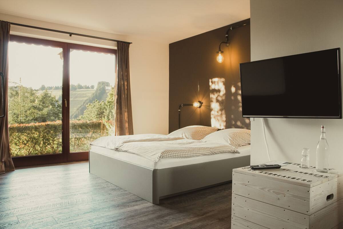 A bedroom with a bed, a TV, and a wooden chest of drawers.