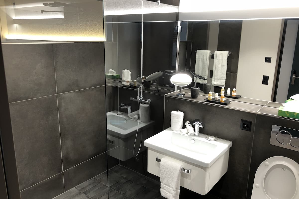 shower, rainfall showerhead, free toiletries, hair dryer