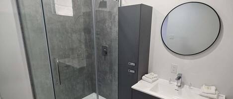 A modern bathroom with a glass shower enclosure, a vanity with a mirror, and a dark cabinet.