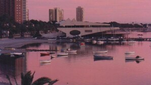 Un puerto deportivo con varias embarcaciones amarradas, rodeado de edificios y palmeras.