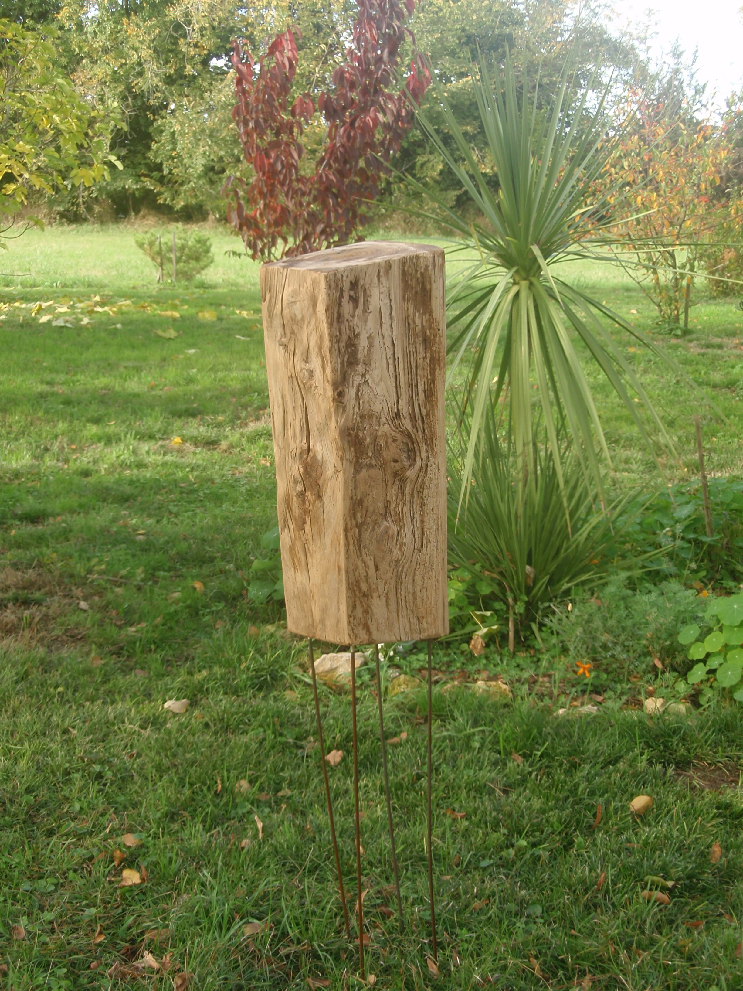 A wooden planter box with a plant, set on a grassy lawn with a large plant in the background.