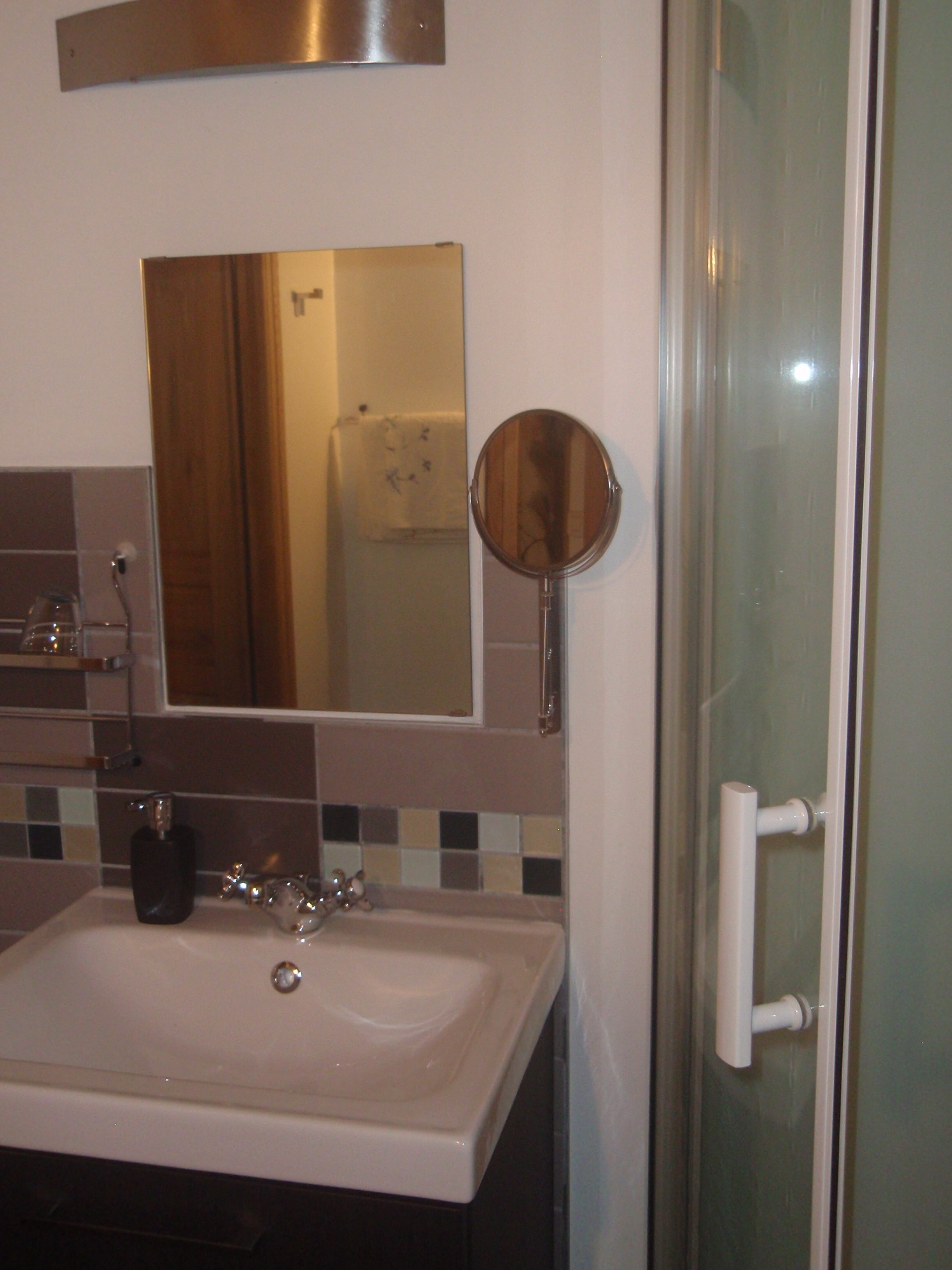 Un bagno con lavandino, specchio e porta doccia.