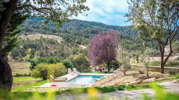 Ein Schwimmbecken mit Liegestühlen, umgeben von Bäumen und Hügeln im Hintergrund.