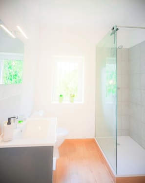 A modern bathroom with a glass shower enclosure, a white sink, and a window with plants. - Domaine de Prefaissal (Mezel)