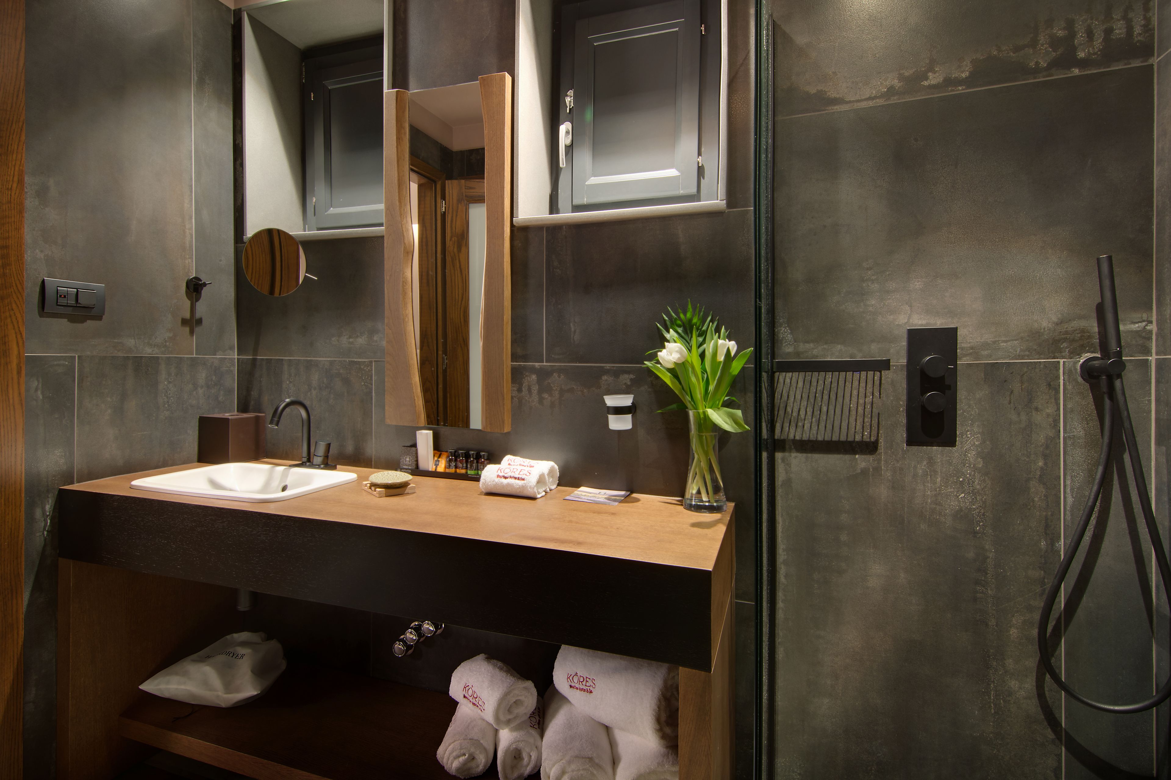 A modern bathroom with two sinks, a mirror, towel racks, and a shower area.