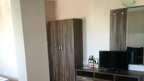 Un salon moderne avec un plancher en bois, un téléviseur posé sur un meuble en bois et une armoire avec un miroir.