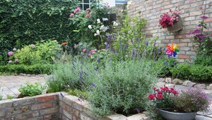 A garden with various plants and flowers, a brick wall, and a hanging flower basket.