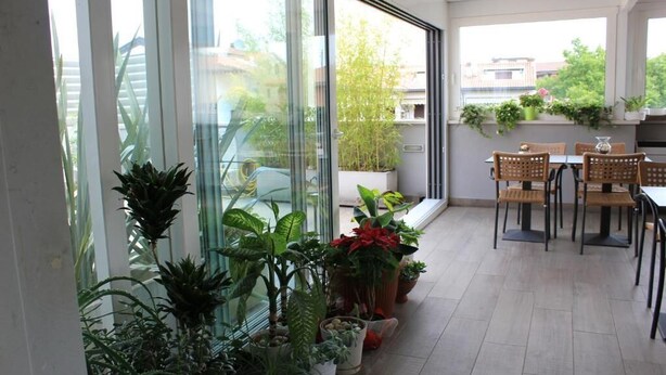 Un espace patio moderne avec une porte vitrée donnant sur un balcon, le tout agrémenté de différentes plantes en pot.