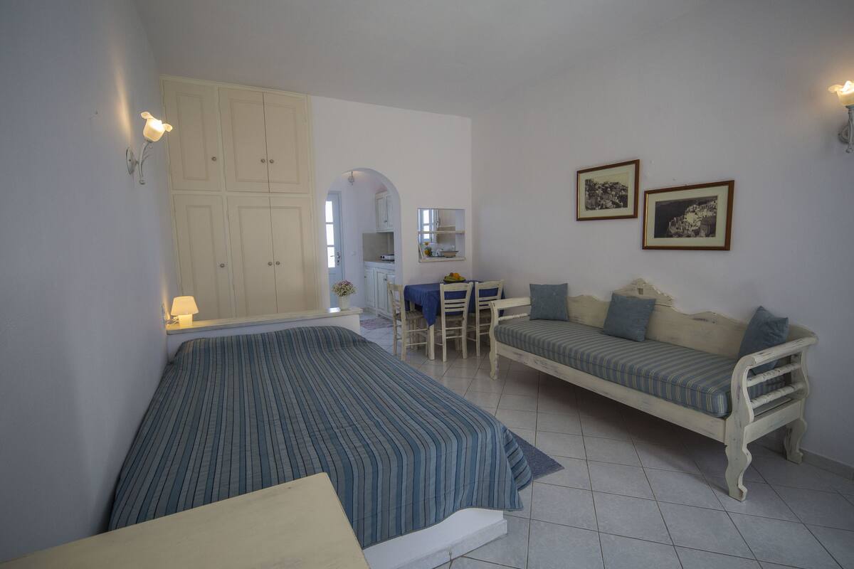 Una habitación con una cama, un sofá, un comedor y una cocina al fondo.